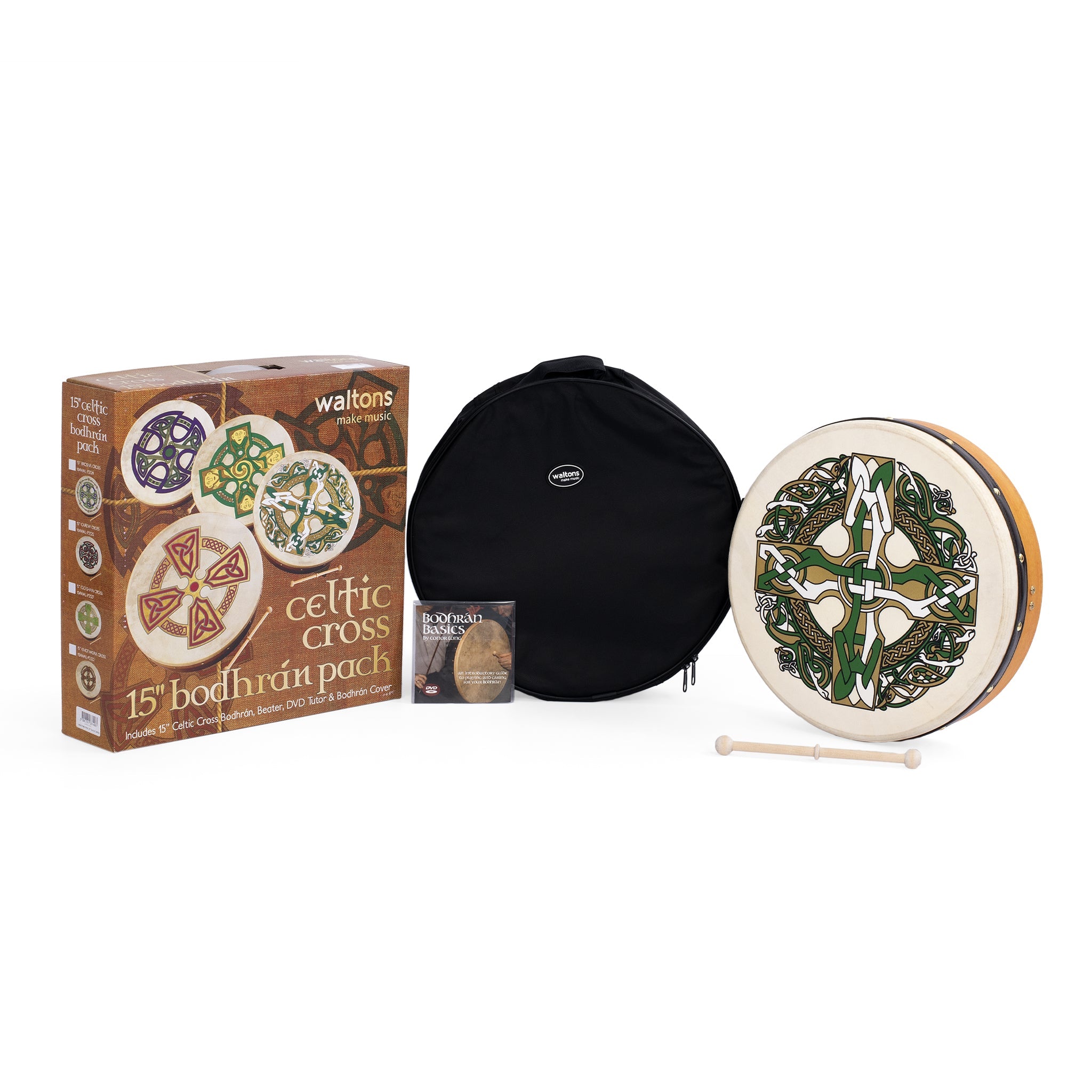Percussion Plus bodhran 15in Gaelic Cross with bag, tipper and DVD
