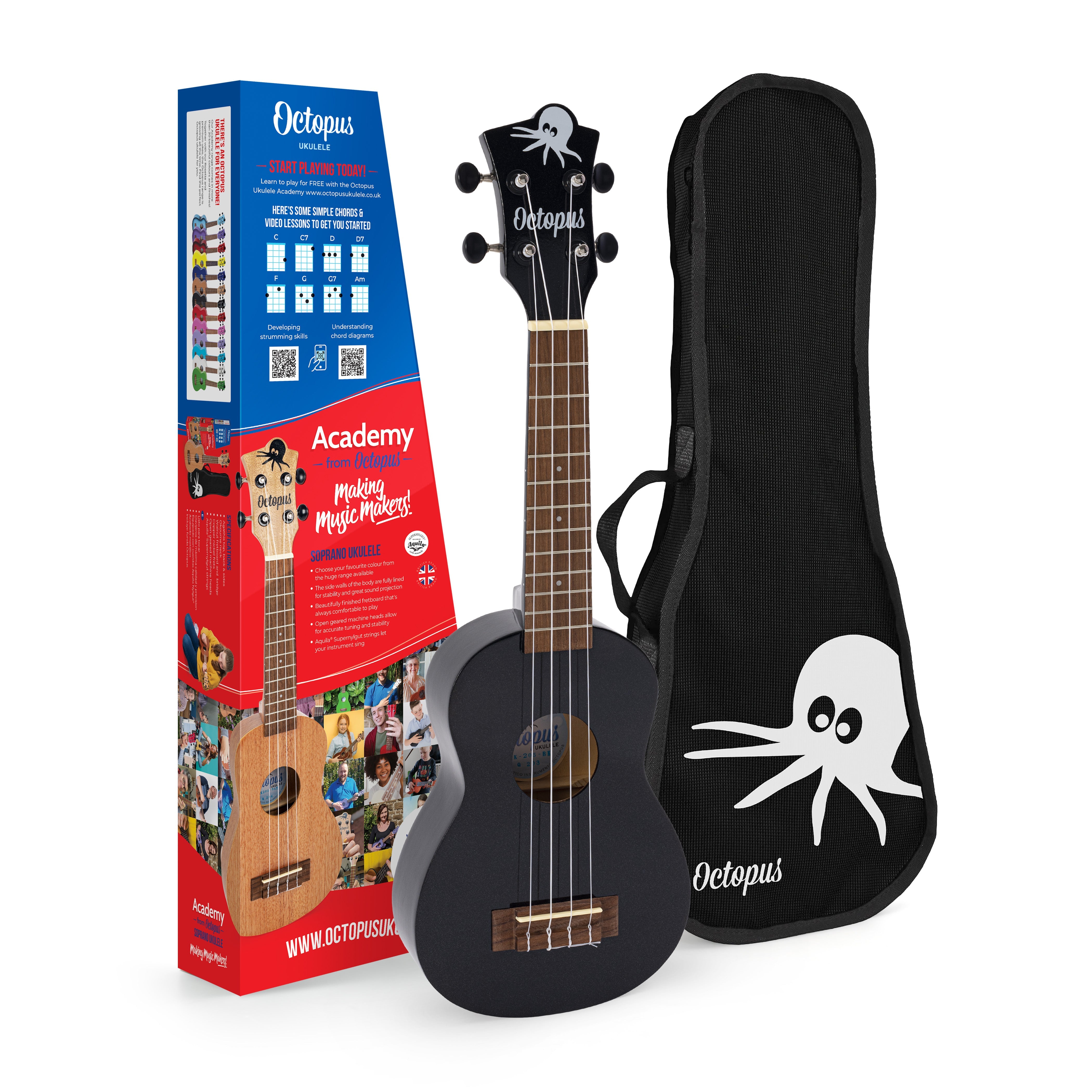 UK205-BK12 - Octopus Academy Soprano Ukulele 12-pack Black / A1