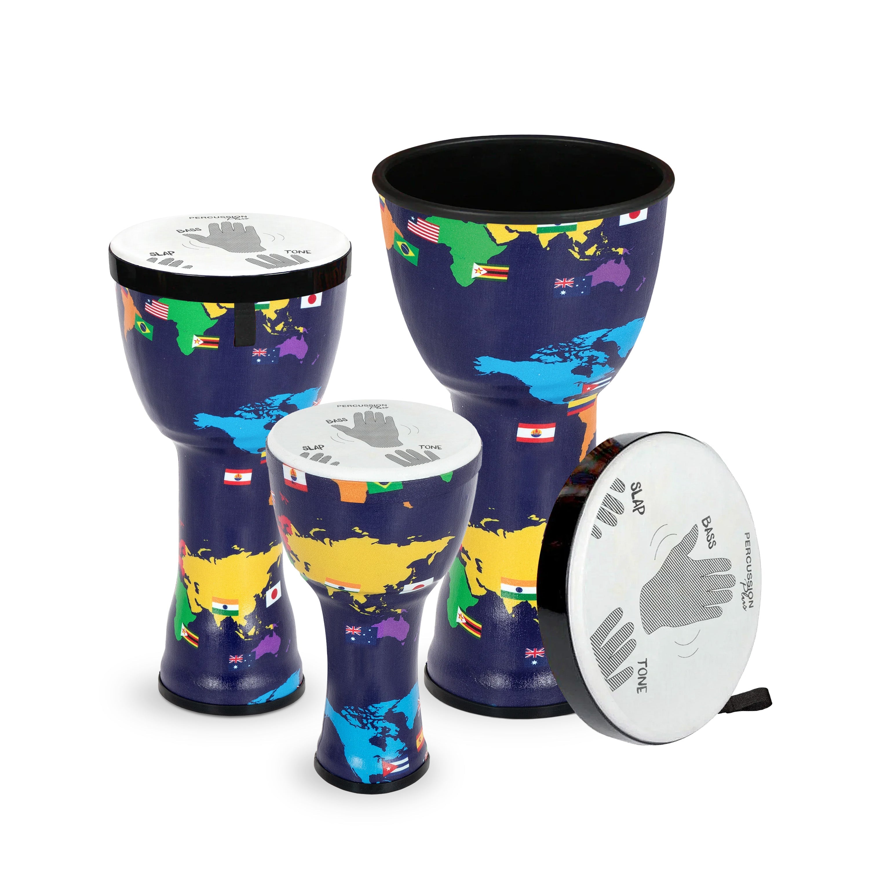 Percussion Plus 8″, 10″ and 12″ nesting djembes set of 3 with dust covers - With Slap graphics