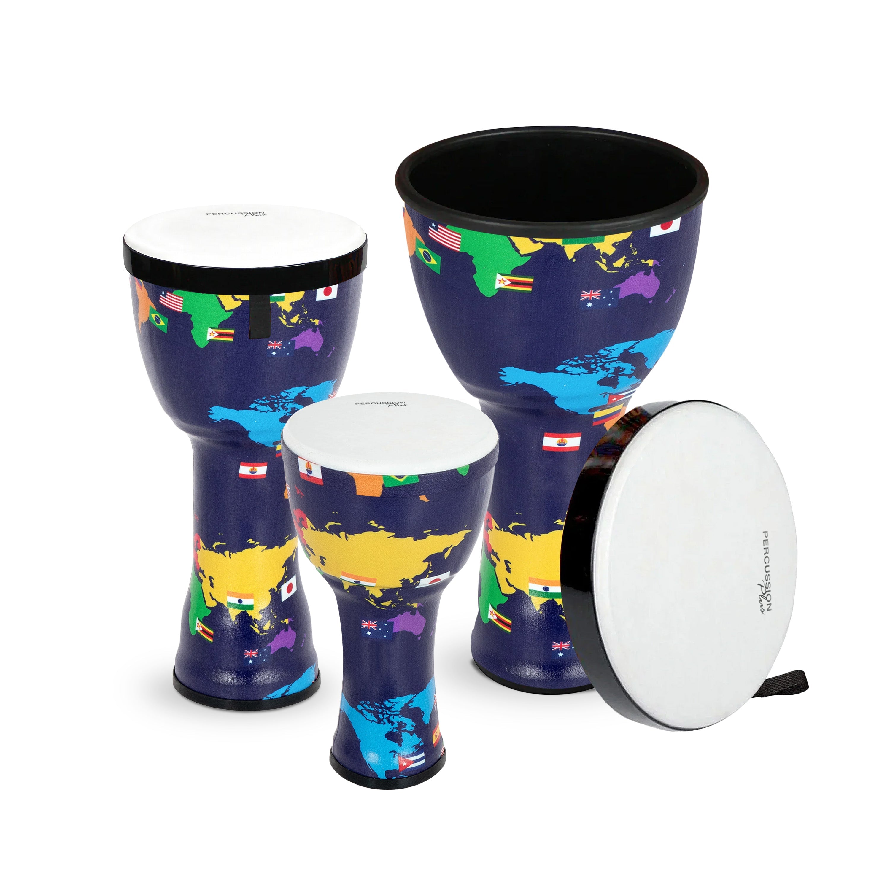 Percussion Plus 8″, 10″ and 12″ nesting djembes set of 3 with dust covers - Without Slap graphics
