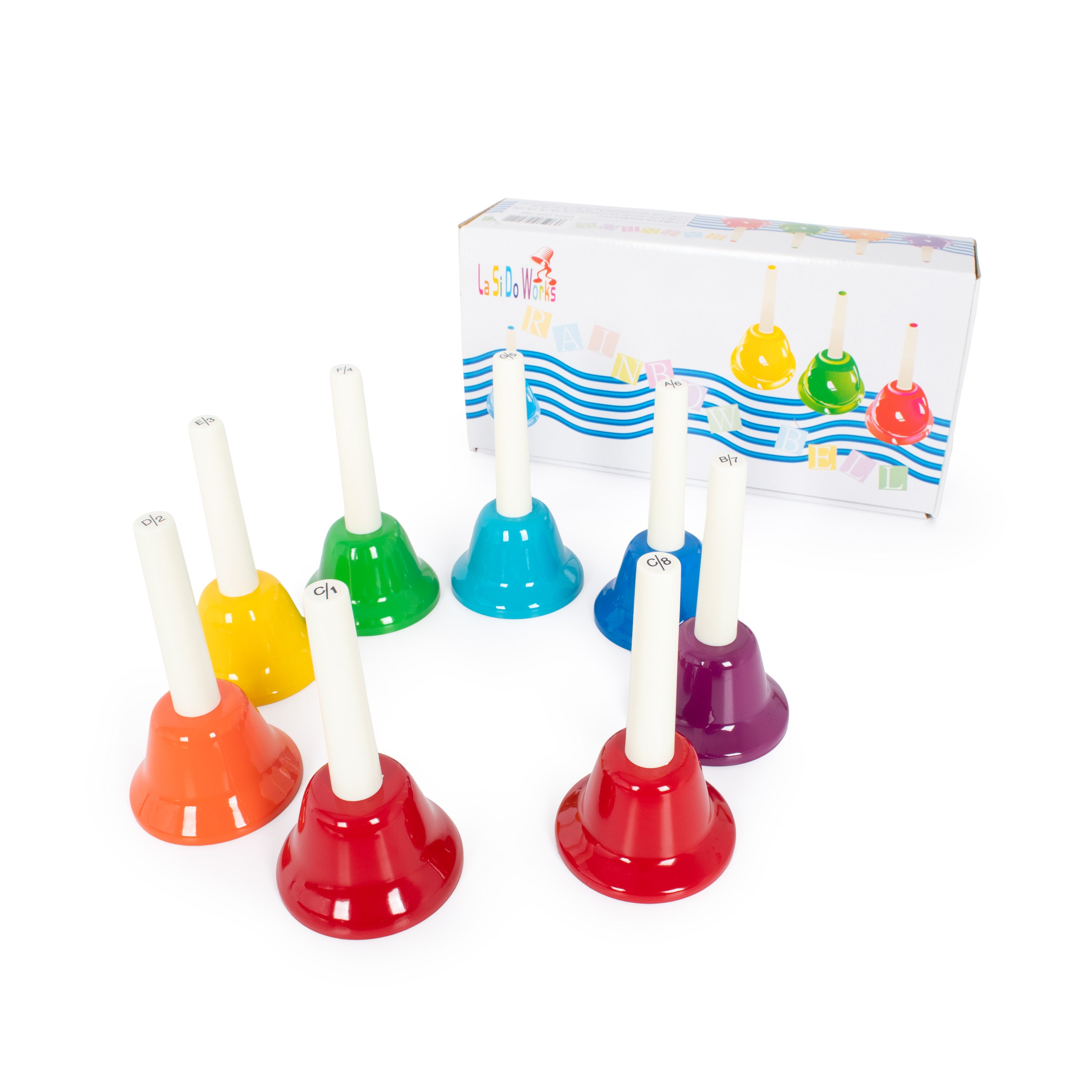 HB8 - Percussion Workshop pack of 8 coloured hand bells A1
