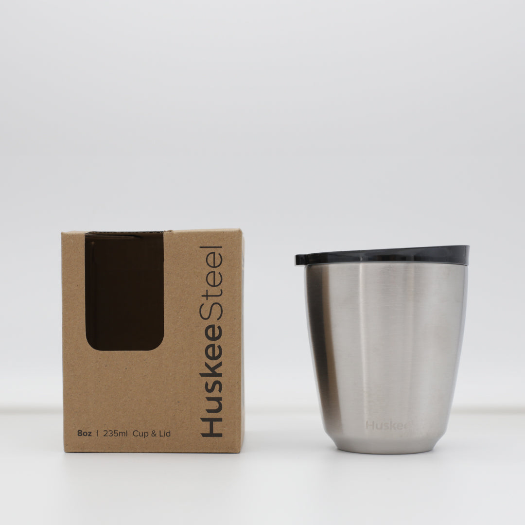 HS08PKU12-S2 - 12x 8oz HuskeeSteel Cup & Lid Brushed steel / A1