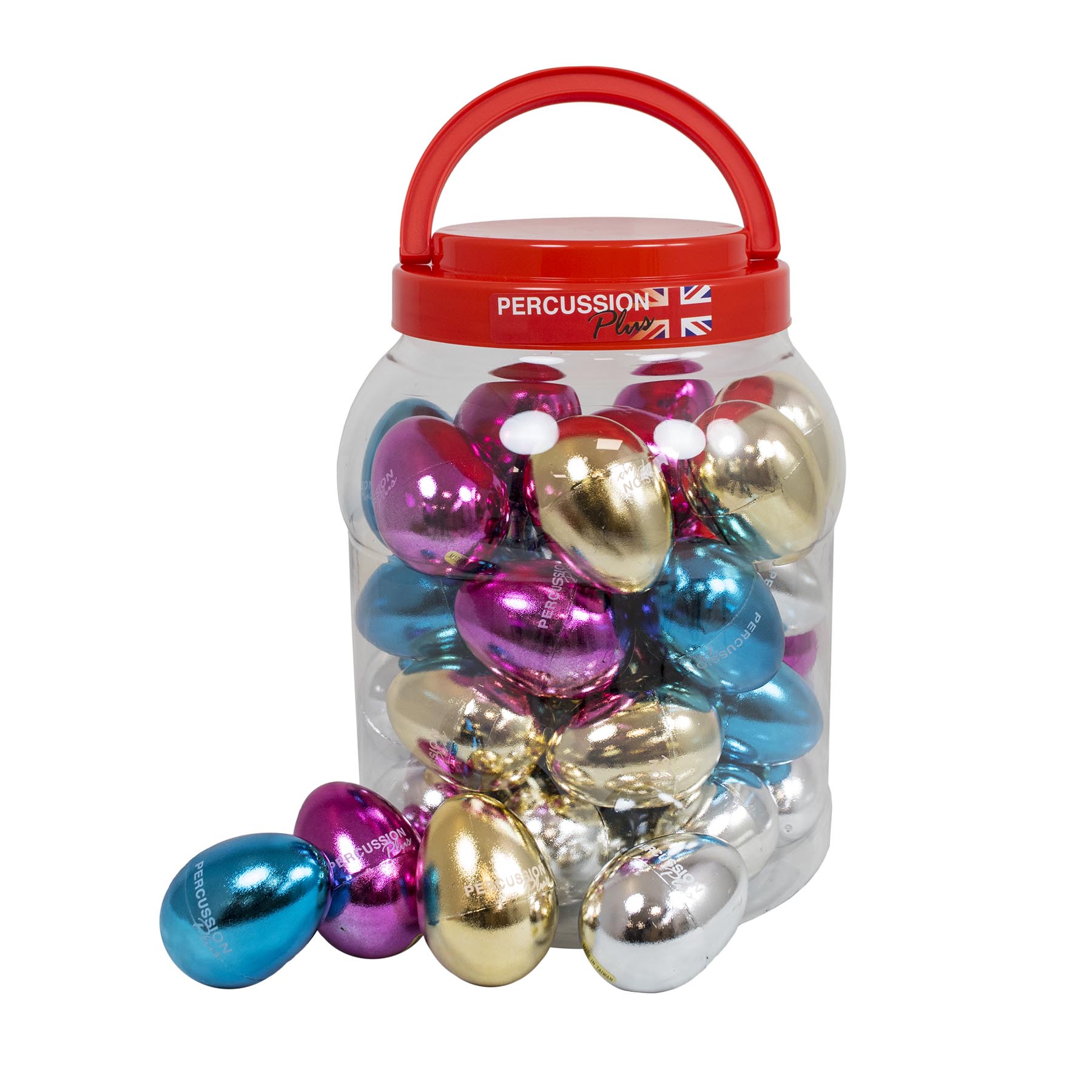 PP3089 - Percussion Plus tub of 40 egg shakers in mixed metallic colours A1