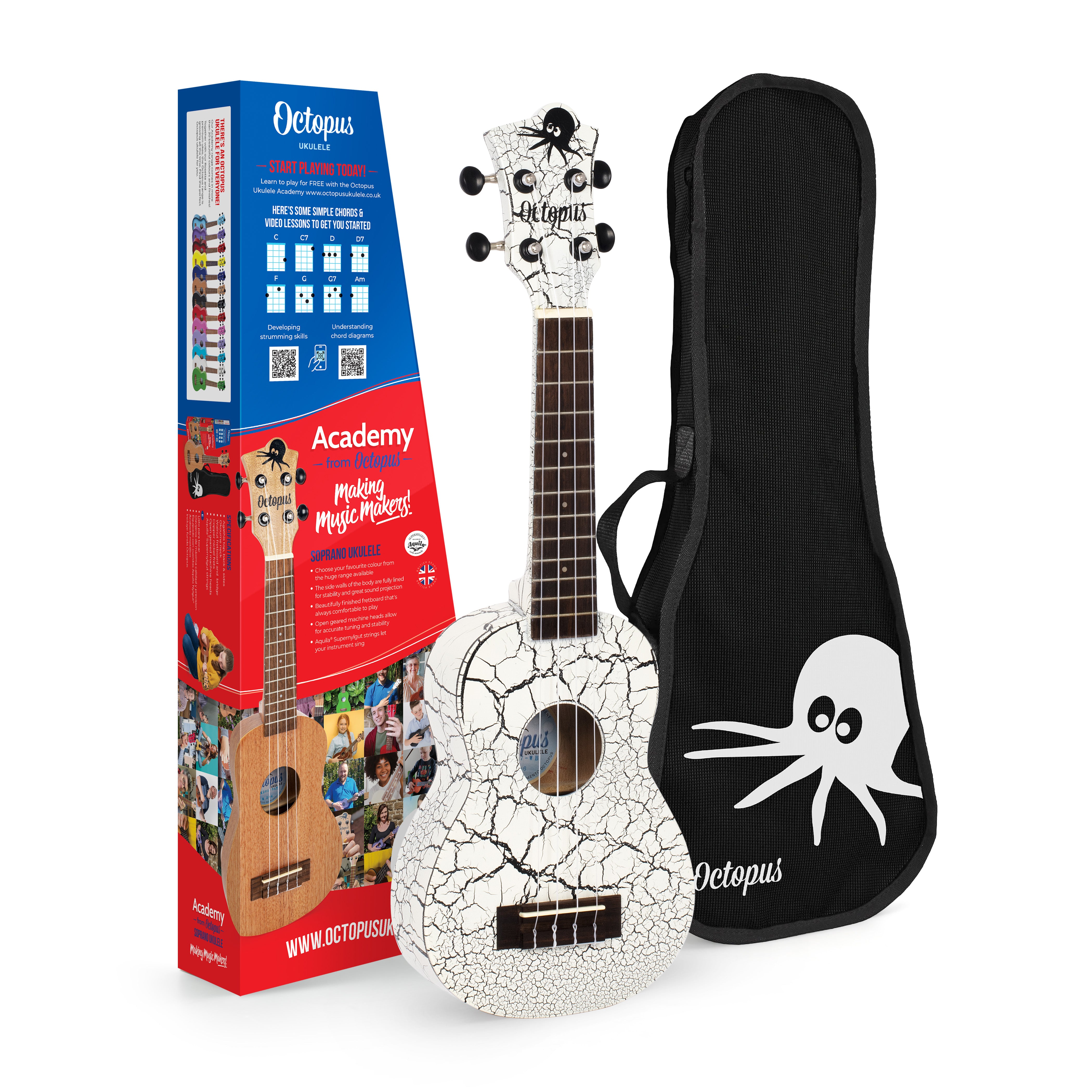 UK207-WB - Octopus Academy soprano ukulele White and black crackle / A1