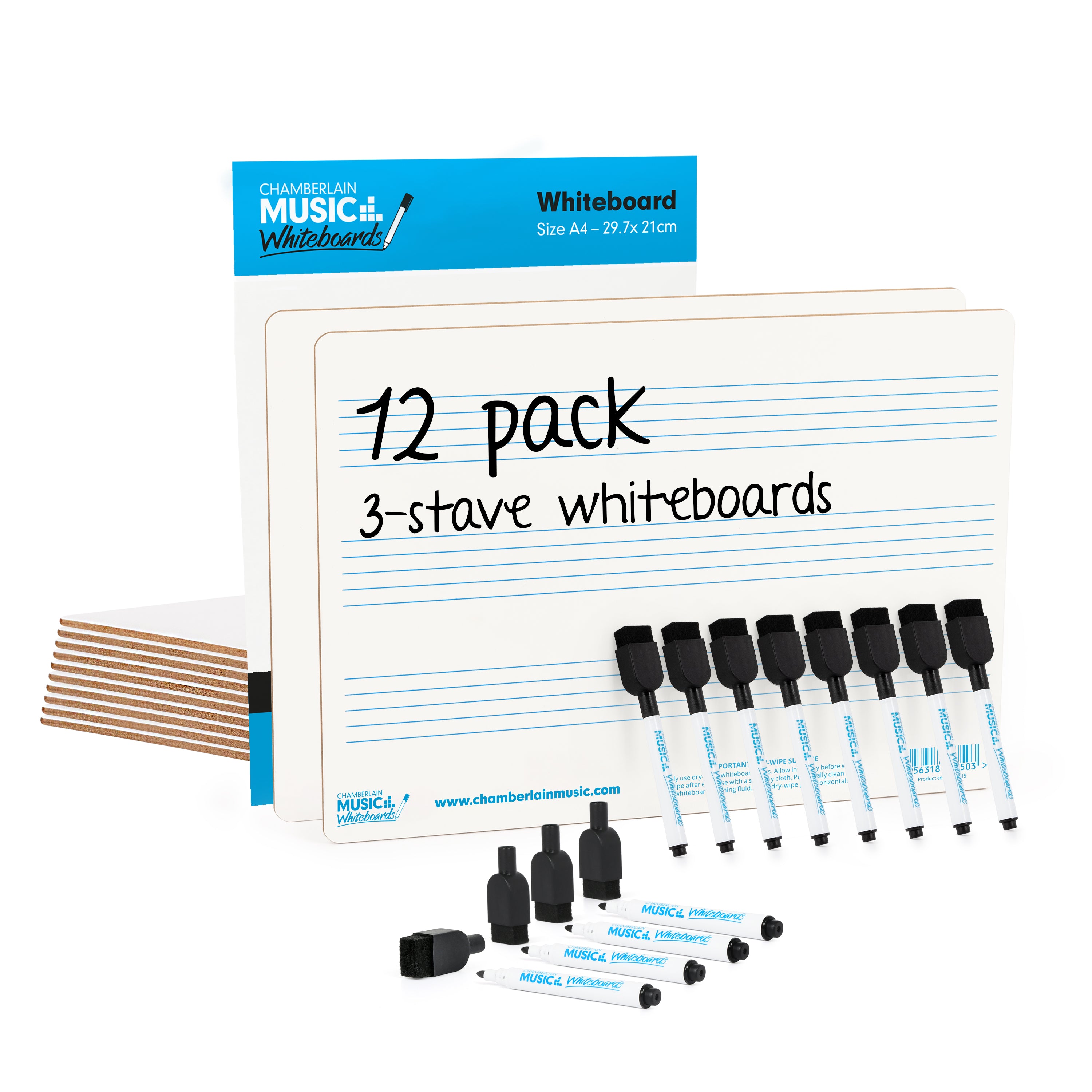 Chamberlain Music A4 mini dry-wipe music whiteboard 3 staves - 12 pack